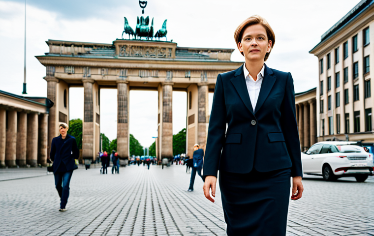 **

"A professional German businesswoman in a tailored blazer and skirt, fully clothed, walking through the bustling streets of Berlin, Germany, near the Brandenburg Gate, appropriate attire, safe for work, perfect anatomy, natural proportions, professional photography, high quality, modern architecture in the background, daytime."

**