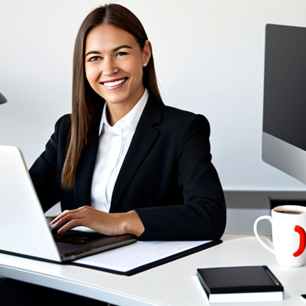 **Image:** A well-organized modern office desk with a laptop displaying a clean UX design interface, showcasing intuitive navigation and a clear information architecture. A woman in a modest, professional business suit is smiling slightly in the background, working calmly. Accessories: a stylish planner, a minimalist coffee mug. **Prompt:** "Modern office desk, clean UX design on laptop, businesswoman in background, planner, coffee mug, organized, minimalist, professional, fully clothed, appropriate attire, safe for work, perfect anatomy, natural proportions, high quality, professional photography."