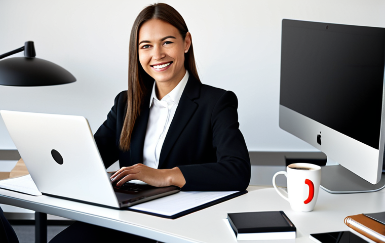 **Image:** A well-organized modern office desk with a laptop displaying a clean UX design interface, showcasing intuitive navigation and a clear information architecture. A woman in a modest, professional business suit is smiling slightly in the background, working calmly. Accessories: a stylish planner, a minimalist coffee mug. **Prompt:** "Modern office desk, clean UX design on laptop, businesswoman in background, planner, coffee mug, organized, minimalist, professional, fully clothed, appropriate attire, safe for work, perfect anatomy, natural proportions, high quality, professional photography."