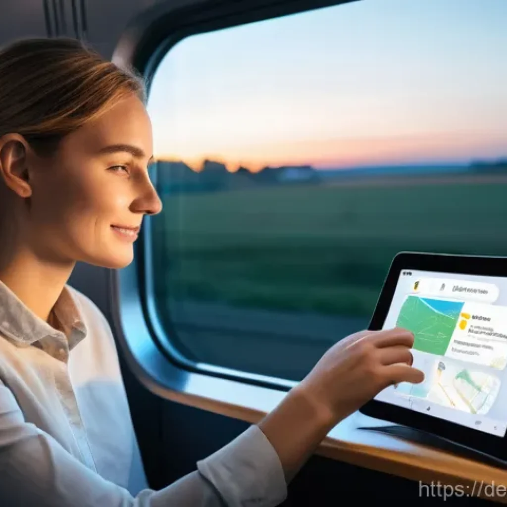 UX 포트폴리오에 포함해야 할 맥락 인식 사례 - A person in their late 20s, comfortably seated on a modern German ICE train. Outside the window, the...