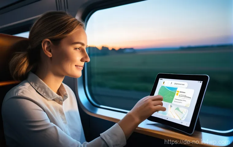 UX 포트폴리오에 포함해야 할 맥락 인식 사례 - A person in their late 20s, comfortably seated on a modern German ICE train. Outside the window, the...