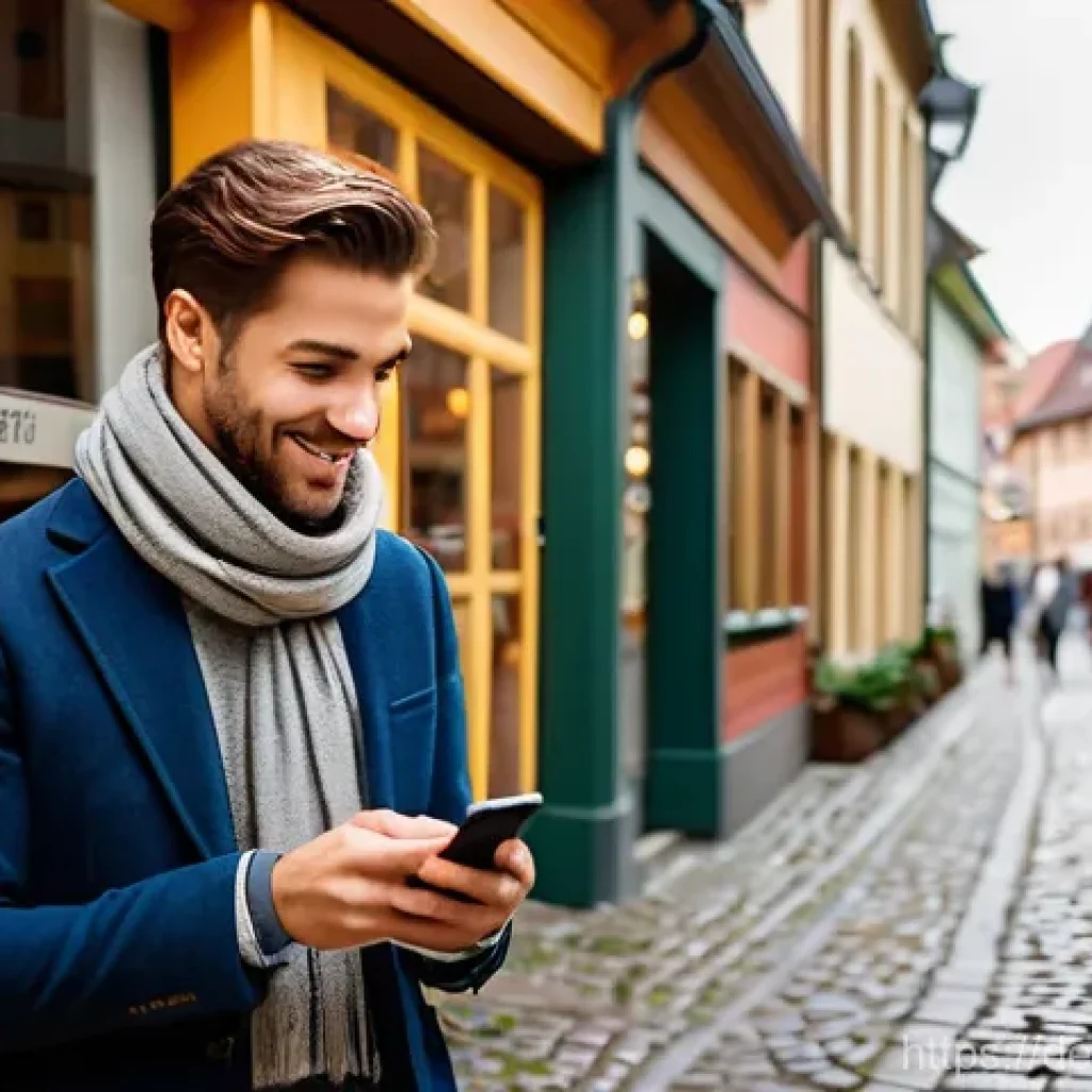 모바일 앱에서의 맥락 인식 UX 적용 - **Prompt:** A young professional (20s-30s) is walking down a charming, cobblestone street in a histo...