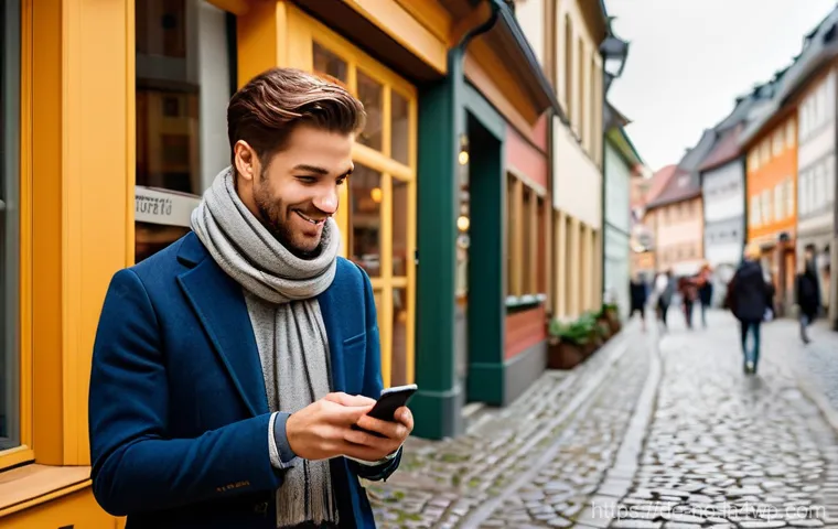 모바일 앱에서의 맥락 인식 UX 적용 - **Prompt:** A young professional (20s-30s) is walking down a charming, cobblestone street in a histo...