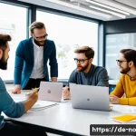 UX 개발자와 디자이너의 협업을 위한 맥락 인식 - A modern office setting showing a diverse team of UX developers and designers collaborating around a...