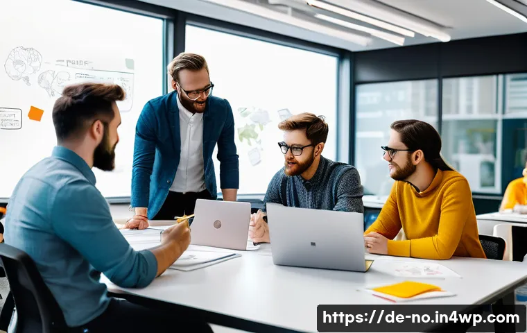 UX 개발자와 디자이너의 협업을 위한 맥락 인식 - A modern office setting showing a diverse team of UX developers and designers collaborating around a...