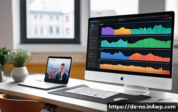 맥락 인식 UX를 위한 데이터 수집 방법 - A detailed digital workspace scene showing a UX analyst monitoring user behavior data on multiple sc...