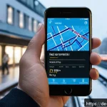UX 디자인에 있어 맥락 인식을 통한 혁신 사례 - A modern German public transportation mobile app interface displayed on a smartphone held by a commu...