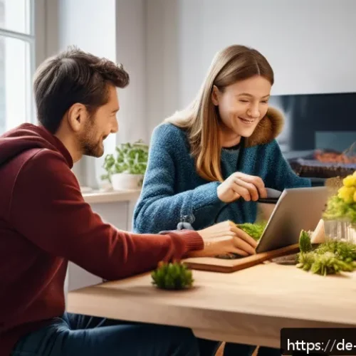거래 플랫폼에서의 맥락 인식 경험 최적화 - A modern online shopping scene showing a diverse German family browsing a digital marketplace on a l...