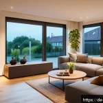 맥락 인식 UX와 사용자 여정의 통합 - A modern smart home living room scene in Germany during early evening, featuring a cozy environment ...