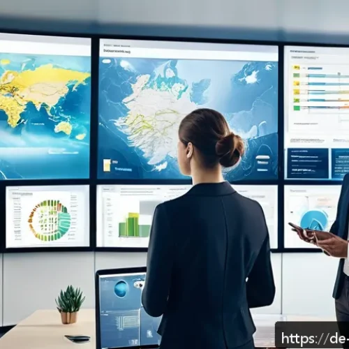 웹사이트에서의 맥락 인식 디자인 전략 - A modern office scene showing a diverse group of professional adults interacting with a large digita...
