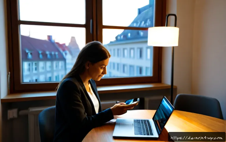 맥락 인식 UX의 기술적 구현 방법 - Photorealistic modern Berlin apartment workspace, a woman using a smartphone beside a laptop as the ...